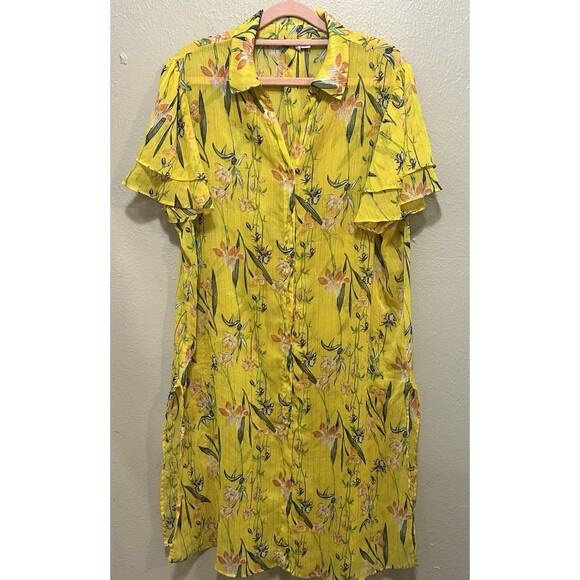Cato‎ Floral Yellow Gold Sheer Ruffle Sleeve Midi Dress Size 14/16W - Picture 1 of 5